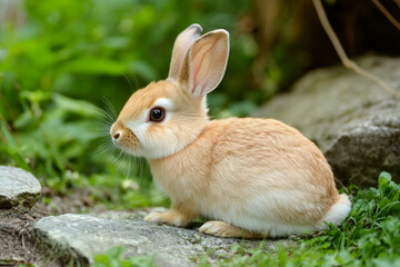 Fototapeta premium There is a brown dog that is sitting on a blue bench