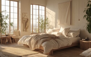 Minimalist bedroom with boucle bed frame, soft linen bedding, neutral wool throw blanket, wooden side tables, large airy windows, cozy and stylish