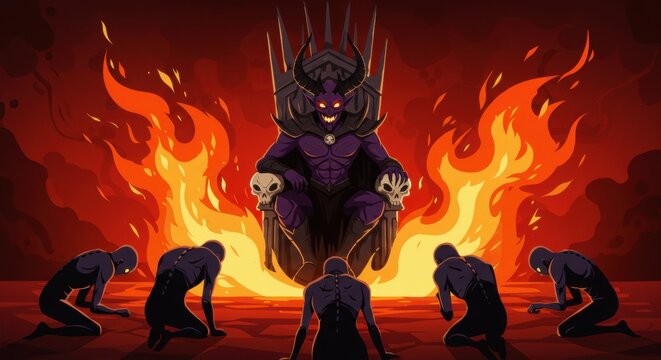 Sinister king on throne in fiery hellscape with kneeling silhouettes