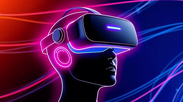 Futuristic virtual reality user immersed in digital experience with vibrant neon lights in background