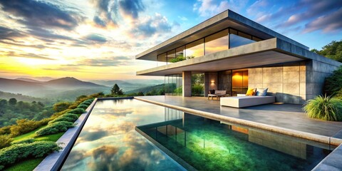 Fototapeta premium Modern Concrete House, Swimming Pool, Lush Greenery - Architectural Photography