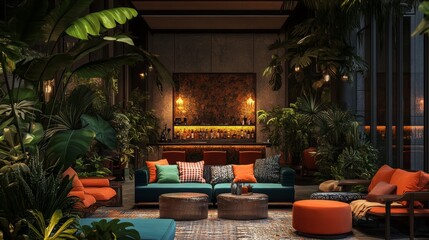 Warm lighting, sleek furniture, and lush plants in a modern lounge