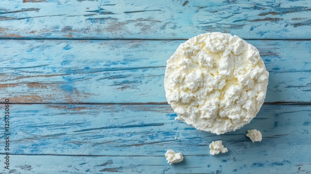 Poster top down view of delicious ricotta cheese displayed on a pale blue wooden surface providing room for