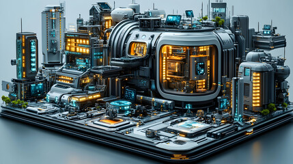 3D Illustration- Futuristic Cityscape, Circuitry, Technology, Architecture, Sci-Fi, Urban, Modern, Innovation, Digital, Complex