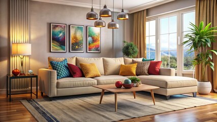 Modern Living Room with Elegant Beige Sofa, Cozy Atmosphere, Textured Fabric, and Accent Pillows for Stylish Interior Design Inspiration