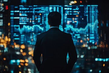 Businessman observing financial data on a large screen