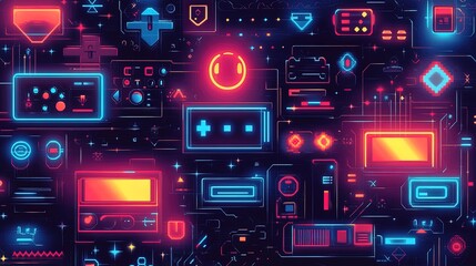 An abstract background featuring retro game themes with glowing neon colors and pixel patterns