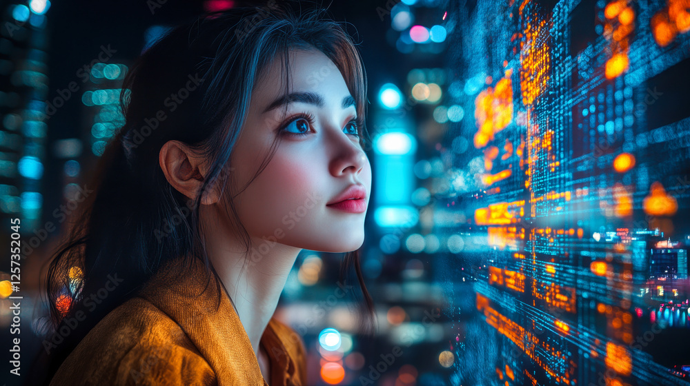 Poster futuristic concept of interactive annotation platforms in technology with young woman analyzing illu
