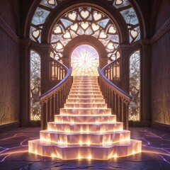 Obraz premium Elegant Grand Staircase Illuminated by Soft Lighting in an Ornate Architectural Setting with Beautiful Decorative Features. Symmetrical Structure with Handrails and Balusters showcasing Richness and