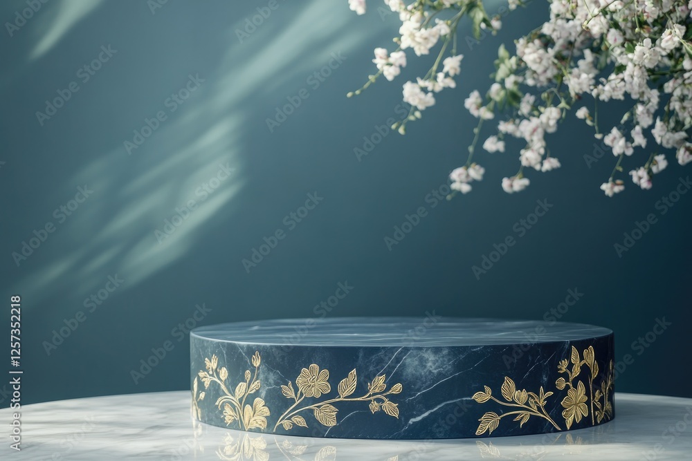 Poster elegant round box adorned with floral patterns resting on surfac