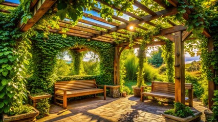Fototapeta premium Romantic garden scene: ivy-draped pergola, inviting benches, picturesque landscape.