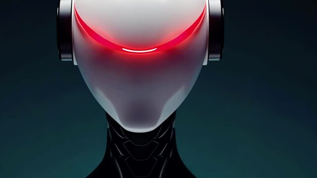Futuristic humanoid robot with glowing red eyes, centered against a dark gradient background, showcasing advanced technology