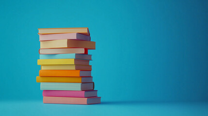 A stack of books on a blue background, neatly arranged to symbolize education, knowledge, literature, and learning in a clean studio setting