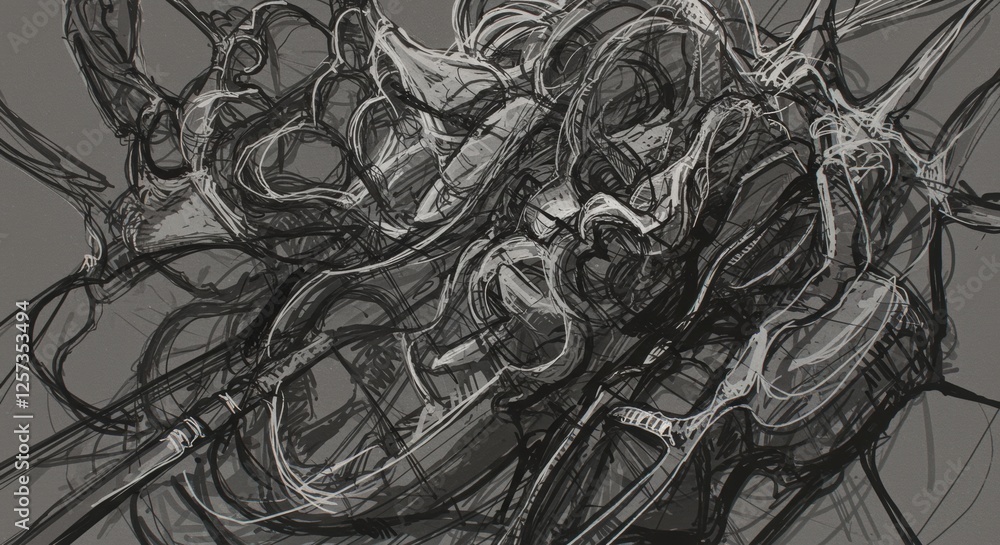Poster abstract chaotic line art with dynamic shapes on grey background
