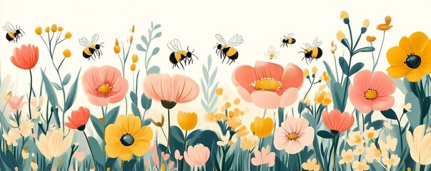 Fototapeta premium A whimsical enchanted garden with blooming flowers and buzzing bees.