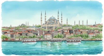 Obraz premium Scenic view of istanbul skyline featuring the iconic blue mosque and bosphorus