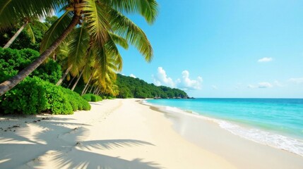 Obraz premium Serene tropical beach scene with palm trees casting shadows on pristine white sand, gently lapping turquoise waves, and lush green vegetation