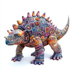 Fototapeta premium Brightly colored dinosaur sculpture displayed on a white background during artistic showcase