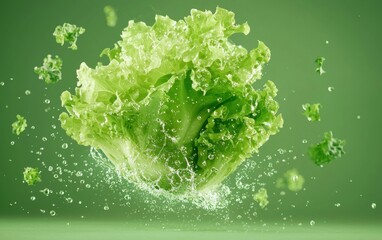 A crisp lettuce head flipping mid air with delicate water droplets, pastel green background
