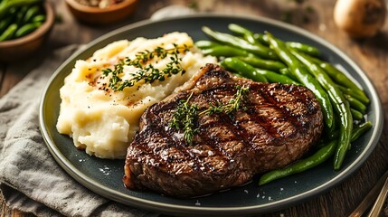 Grilled Steak with Mashed Potatoes and Green Beans