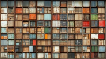 Colorful reclaimed wood wall art installation outdoors