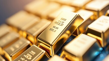 Stacks of shiny gold bars and ingots representing the growth and investment of gold in emerging market financial portfolios and accounts as a valuable asset and commodity