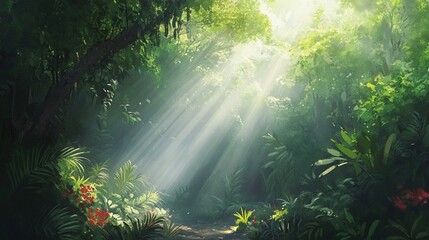 Obraz premium Sunbeams illuminate lush jungle path; tropical foliage background; nature scene