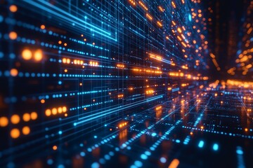Obraz premium Abstract blue digital network connections with glowing light effects and data flow diagrams, technology and geometric pattern design.