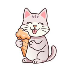 Obraz premium This image features a charming, cartoon-style cat with a joyful expression, happily indulging in a delicious ice cream cone. The cat, drawn in a kawaii ( aesthetic, has warm orange fur with darke