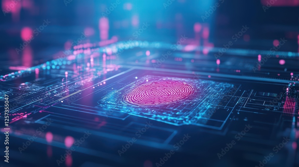 Leinwandbilder Fingerprint on a circuit board with a pink background illustrating technology and security concepts