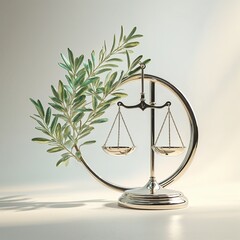 Elegant Silver Scales Of Justice With Green Olive Branch On Soft Neutral Backgrounds Displaying Harmony And Serenity. An Artistic Photographic Display Of Justice And Peace In A Minimalist Design. It