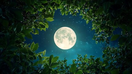 Fototapeta premium Enchanted Moonlight Night: A Full Moon's Serene Glow Through Lush Foliage