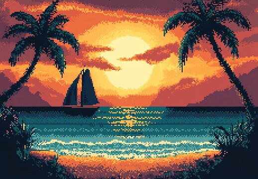 8 bit pixel art sunset beach landscape.