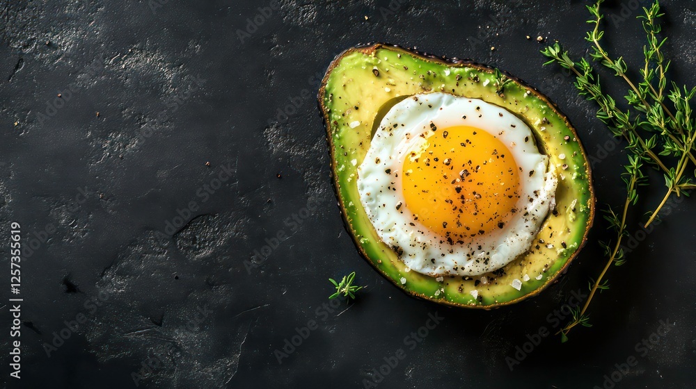 Poster top down view of an organic egg cooked inside an avocado with salt pepper and thyme on a dark backdr