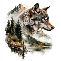 wolf in the wilderness visualization on isolated background