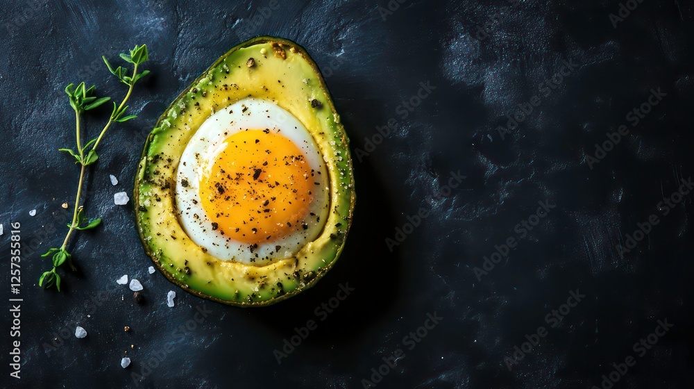 Poster top down view of an organic egg cooked inside an avocado with salt pepper and thyme on a dark backdr