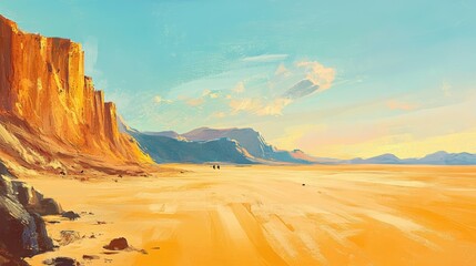 Fototapeta premium A quiet desert landscape with golden dunes and a setting sun on the horizon.