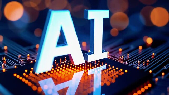 Futuristic representation of AI technology with glowing letters on a circuit board background