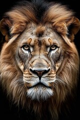 Front view portrait of a lion on black background Africa wildlife