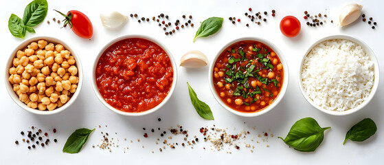 Naklejka premium Chickpea dish, tomato sauce, rice. Food prep
