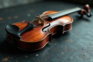 Fototapeta premium A Polished Violin Rests on a Dark Textured Surface, Its Rich Wood Grain and Intricate Details Visible in Soft Lighting