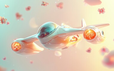 modern hovering gracefully, with decorative elements floating around, on a pastel background.