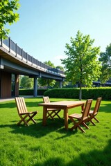 Obraz premium Serene outdoor patio furniture set on lush green lawn near modern architecture under a bridge