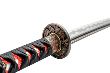 Traditional katana featuring intricate tsuba and silk handle wrapping isolated on transparent background