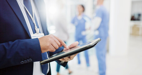 Clinic, medicine and hands businessman on tablet to check or review insurance policy on app....