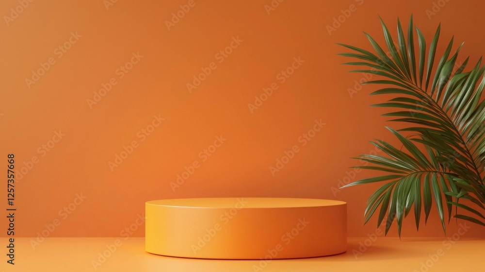 Poster set in a bright and warm space, the cylindrical podium adds a pop of color alongside a lush plant, e