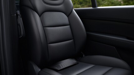 Seat belt and safety innovation, A close-up of a black leather car seat, showcasing its textured design and comfortable features, set against a blurred outdoor background.