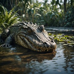 Fototapeta premium A crocodile drinking from a hidden jungle pond.