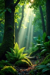 Sunbeams Illuminate a Lush Forest Path with Mossy Trees and Ferns