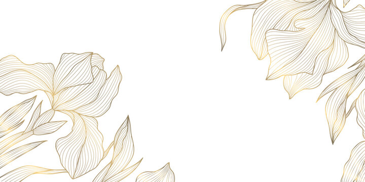 Vector golden iris flowers frame, vintage floral border, blossom background. Luxury line botanical, nature ornament